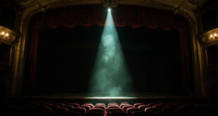 Empty Broadway theater with darkened stage and rows of vacant red velvet seats under dim lighting