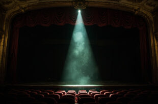 Empty Broadway theater with darkened stage and rows of vacant red velvet seats under dim lighting