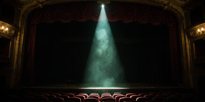 Empty Broadway theater with darkened stage and rows of vacant red velvet seats under dim lighting