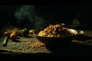 Bowl of lentils and rice dish surrounded by sparse cooking ingredients on weathered wooden surface
