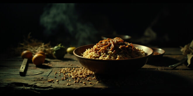 Bowl of lentils and rice dish surrounded by sparse cooking ingredients on weathered wooden surface