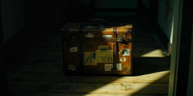 Weathered brown leather suitcase positioned near doorway in dramatic lighting with long shadows on wooden floor