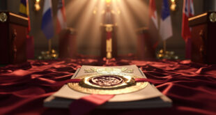 Ornate diplomatic seal with multiple national flags arranged ceremonially in formal government chamber setting