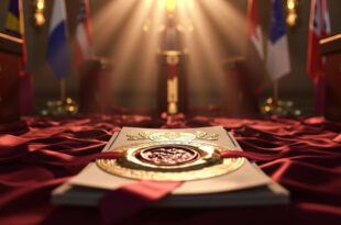 Ornate diplomatic seal with multiple national flags arranged ceremonially in formal government chamber setting