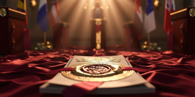 Ornate diplomatic seal with multiple national flags arranged ceremonially in formal government chamber setting