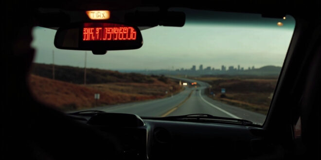 Black taxi cab on empty country road with digital meter showing high fare, distant city buildings on horizon
