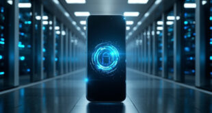 Smartphone with blue digital ID interface surrounded by server equipment in modern tech facility