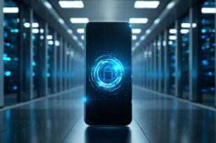 Smartphone with blue digital ID interface surrounded by server equipment in modern tech facility