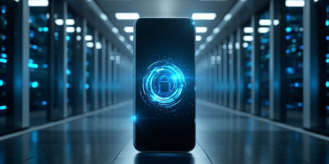 Smartphone with blue digital ID interface surrounded by server equipment in modern tech facility