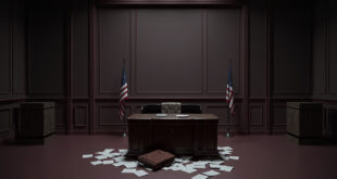 Empty ambassador office with scattered documents, briefcase, and dual flags in background