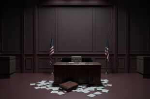 Empty ambassador office with scattered documents, briefcase, and dual flags in background