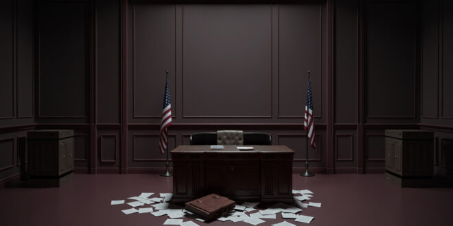 Empty ambassador office with scattered documents, briefcase, and dual flags in background