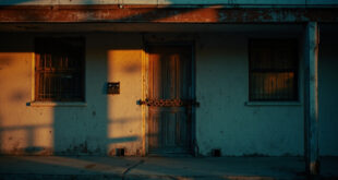 Empty motel entrance with heavy security chains in fading daylight, surrounded by vacant courtyard with security measures