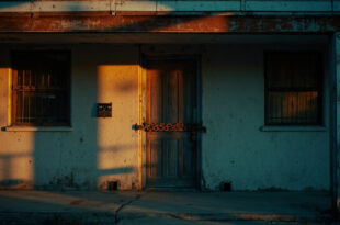 Empty motel entrance with heavy security chains in fading daylight, surrounded by vacant courtyard with security measures