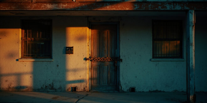 Empty motel entrance with heavy security chains in fading daylight, surrounded by vacant courtyard with security measures