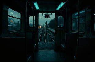 Security camera overlooking empty train platform with fluorescent lighting and concrete architecture