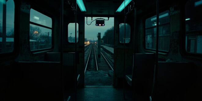 Security camera overlooking empty train platform with fluorescent lighting and concrete architecture