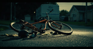 Overturned bicycle on empty road near RV trailer, scattered items around