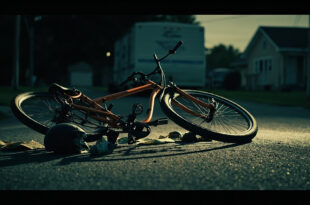 Overturned bicycle on empty road near RV trailer, scattered items around