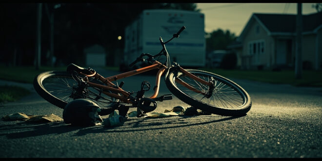 Overturned bicycle on empty road near RV trailer, scattered items around