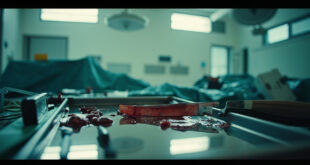 Medical tray with surgical tools and knife evidence in hospital emergency room setting