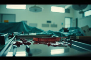Medical tray with surgical tools and knife evidence in hospital emergency room setting