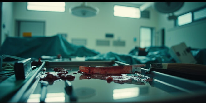 Medical tray with surgical tools and knife evidence in hospital emergency room setting