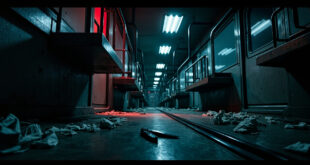 Empty tram car interior with utility knife on floor, emergency lighting, medical supplies scattered on seats.