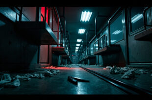 Empty tram car interior with utility knife on floor, emergency lighting, medical supplies scattered on seats.