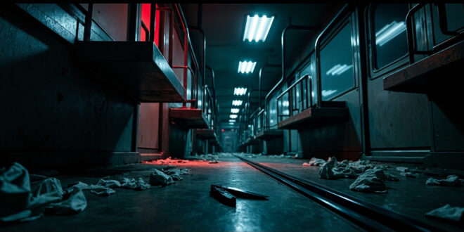 Empty tram car interior with utility knife on floor, emergency lighting, medical supplies scattered on seats.