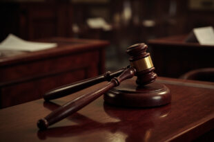 Wooden judge gavel on dark mahogany bench in empty parliamentary chamber