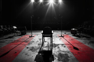 Empty debate stage with overturned chairs and scattered papers after crowd disruption in dark auditorium