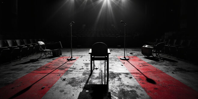 Empty debate stage with overturned chairs and scattered papers after crowd disruption in dark auditorium
