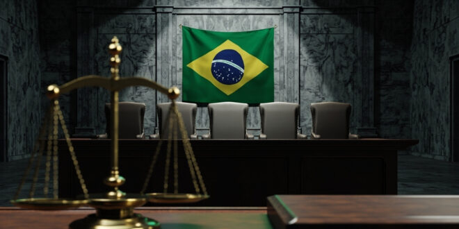 Empty Supreme Court chamber with scales of justice and Brazilian flag in solemn lighting