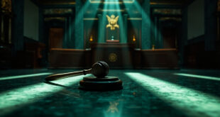 Empty Supreme Court chamber with ornate judicial bench, Brazilian coat of arms, and ceremonial gavel on marble surface