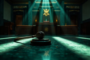 Empty Supreme Court chamber with ornate judicial bench, Brazilian coat of arms, and ceremonial gavel on marble surface