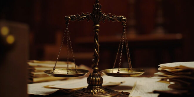 Brass scales of justice on wooden judicial bench with formal legal documents and case folders arranged around it