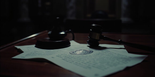 Official indictment papers and wooden gavel on dark wooden courthouse desk with dramatic lighting
