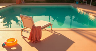 Empty poolside chair next to pristine blue swimming pool with colorful children's toys scattered on deck