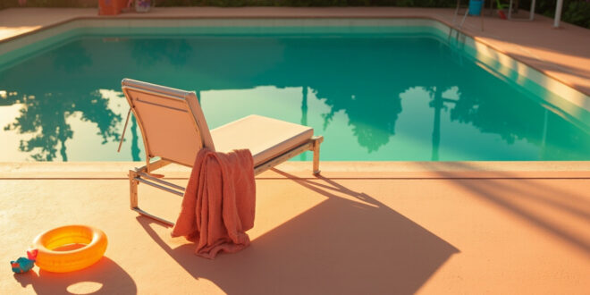 Empty poolside chair next to pristine blue swimming pool with colorful children's toys scattered on deck
