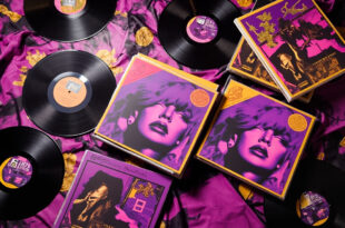 Colorful album covers stacked and fanned out showing dramatic courtroom-inspired artwork in purple and gold tones