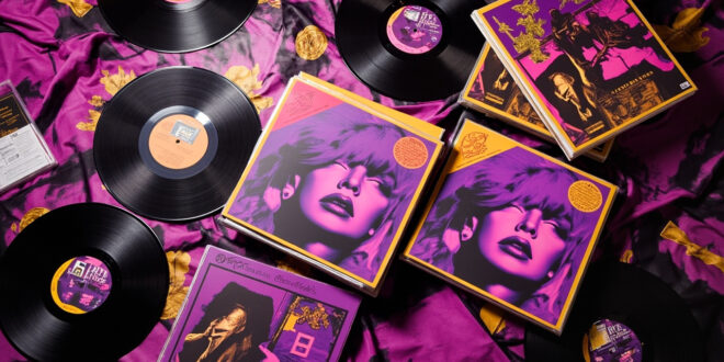 Colorful album covers stacked and fanned out showing dramatic courtroom-inspired artwork in purple and gold tones