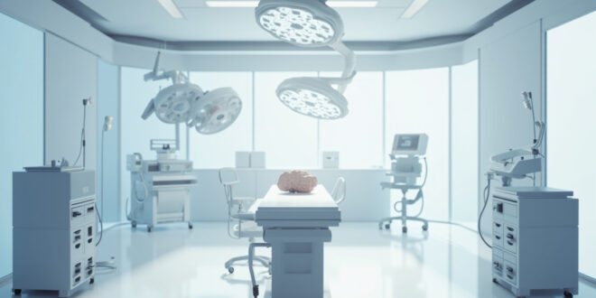 Sterile hospital operating room with surgical instruments and overhead medical lighting after successful procedure