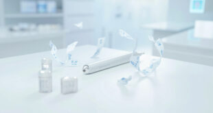 Medical injection pen device on pharmacy counter with price reduction indicators and pharmaceutical packaging