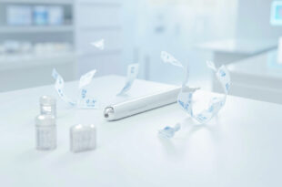 Medical injection pen device on pharmacy counter with price reduction indicators and pharmaceutical packaging