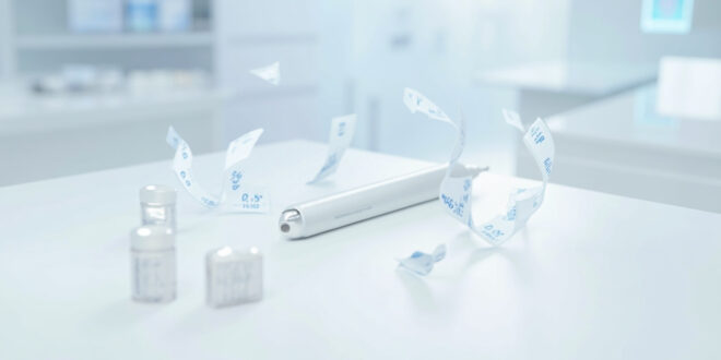 Medical injection pen device on pharmacy counter with price reduction indicators and pharmaceutical packaging