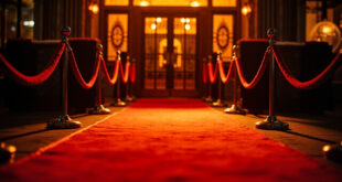 Red carpet entrance to ornate movie theater with golden spotlights and velvet rope barriers