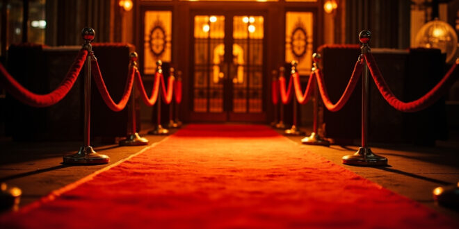 Red carpet entrance to ornate movie theater with golden spotlights and velvet rope barriers