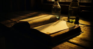 Open book on wooden desk with empty bottle and scattered papers in warm lighting