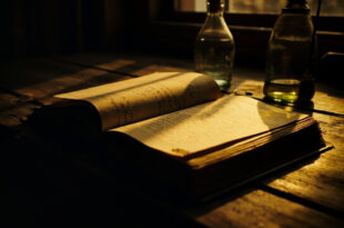 Open book on wooden desk with empty bottle and scattered papers in warm lighting